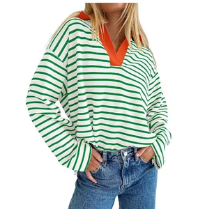 Sweat-shirt à manches longues rayé col en V respirant et écologique pour femme, avec appliqué tissé, style polo de rugby, coupe ample, haut tendance - Product Image 6