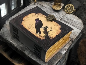 Handmade Raven Leather Paperback Grimoire Journal Witchcraft Gothic <b>Book</b> <b>Shadows</b> Water Color Deckle Edge Embossed Logo 200 - Product Image 6