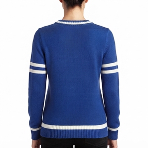 Women's 100% Cotton Blue Knitted V Neck Cardigan White Stripes <b>Custom</b> Greek Letters Applique Vintage Preppy Style Long Sleeve - Product Image 4