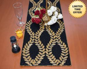 Black Gold Beaded <b>Table</b> Runner Rectangle Fabric Glam Handmade Mats - Product Image 2