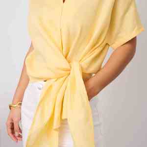 Camisa de lino transpirable de punto para mujer con logo frontal, manga corta, color liso, estilo casual, para verano 2026, venta al por mayor - Product Image 3