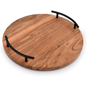 Plateau circulaire en bois naturel écologique avec poignées en fer robustes, qualité supérieure, fait main, pour hôtel et usage moderne - Product Image 6