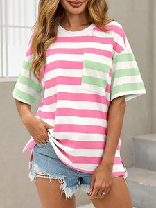 <b>Womens</b> Oversized Color Block Striped <b>Top</b> Summer Casual Short Sleeve <b>Tops</b> Loose Fit Crew Neck Shirts - Product Image 3