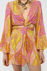 Bohemian Cute Girls Pink Knee-Length <b>Women</b> V-neck Formal A-Line Long Sleeve Printed Cotton Short <b>Tunic</b> <b>Dress</b> - Product Image 3