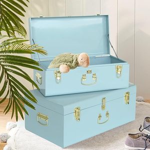 Sky <b>Blue</b> Decorative Metal Trunk Set Vintage Style Keepsake <b>Storage</b> <b>Boxes</b> with Polished Gold Latches for Bedroom and Nursery - Product Image 1