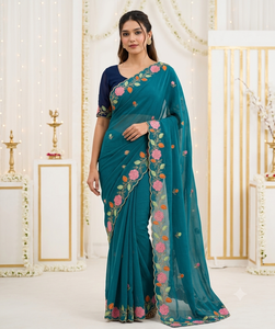 Sari de Seda Color Verde Azulado de AARA Fashion con Bordado Floral en el Borde, Largo hasta el Suelo, Protección Solar para Mujeres, Ropa Tradicional para Bodas en India - Product Image 1