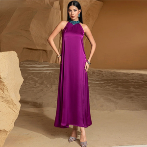 Elegant Purple Muslim <b>Abaya</b> Women Round Neck Long Sleeve Midi Plus Size Sequined Regular Hem Middle East Style <b>Prayer</b> - Product Image 2