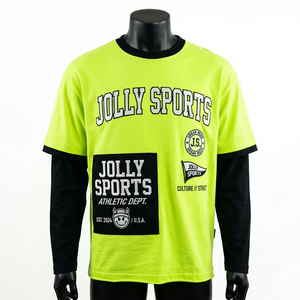 เสื้อยืดคอตตอนพรีเมียม 220 GSM สีเขียวนีออน แขนยาว ลายปักโลโก้ เสื้อยืดแขนสองชั้นสำหรับผู้ชาย - Product Image 5