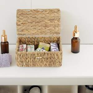 Wholesale Water Hyacinth <b>Storage</b> <b>Basket</b> with Lid <b>Rectangular</b> Wicker Organizer Box with Handles for Shelf Closet <b>Storage</b> OEM ODM - Product Image 4