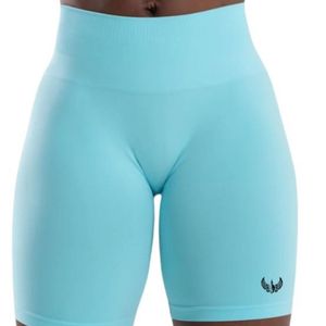 Shorts de compression sans couture bleu clair pour femme, taille mi-haute, extensibles, anti-transparence, pour la gym, l'entraînement, la course, le yoga et le fitness - Product Image 4