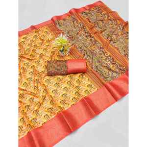 DISEÑADOR DOLA SEDA IMPRESIÓN DIGITAL TRABAJO SAREE CON BLUSA DESCOSADA AMARILLO - Product Image 1