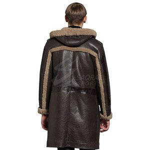 <b>Men's</b> <b>Long</b> Genuine Leather Motorcycle <b>Jacket</b> Sherpa Lining Windproof Casual Autumn Coat Dark Brown Turn-down Collar Single - Product Image 2