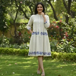 Womens Cream Embroidered Cotton Midi Dress Mandarin Collar <b>Three</b> Quarter Sleeves Pleated Bodice A Line Casual Elegant SummerWear - Product Image 4
