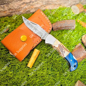 มีดพับเหล็กดามัสกัสพรีเมียม ใบมีดคมกริบ ด้ามทำจากเขาสัตว์และไม้ปักกาวูด สำหรับพกพา ใช้ในชีวิตประจำวัน เอาตัวรอด ตั้งแคมป์ ล่าสัตว์ ขายส่ง รับผลิตแบบ OEM - Product Image 2