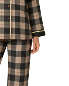 Ensemble de pyjama pour femmes en coton doux à carreaux beige et noir, manches longues, boutonné, vêtements de nuit, ensemble de deux pièces, ensemble confortable pour se détendre - Product Image 5
