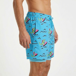 Shorts de bain 2-en-1 premium pour hommes avec ligne de compression, motif dinosaure amusant, logo personnalisé, vêtements de plage - Product Image 5