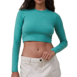 Women's Navy Blue Crop <b>Top</b> Short Sleeve Crew Neck Regular Fit Canvas Casual Solid Color Spring/Summer Wear Eco-Friendly Quick - Product Image 5