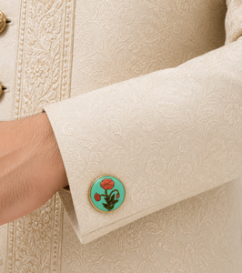 Handmade Enamel Brass Cufflinks Red Poppy Flower Design Turquoise Base Gold Tone Finish Formal Wedding Gift Unisex - Product Image 3