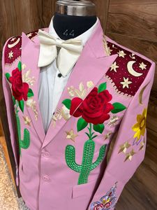 Men’s Pink Embroidered Western Suit <b>Set</b> with Floral & Cactus Design – Cowboy Style Wedding / Party Wear <b>Blazer</b> Pant Outfit - Product Image 3
