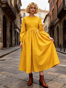 <b>Boho</b> Yellow Cotton <b>Long</b> <b>Dress</b> Women <b>Long</b> Sleeve Crew Neck High Waist Pleated Casual Midi <b>Dress</b> - Product Image 3