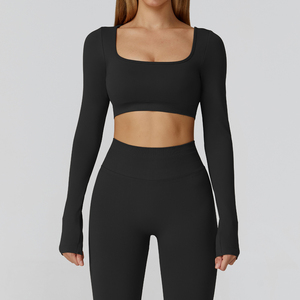 Purple 2 Piece Yoga <b>Set</b> <b>Square</b> Neck Long Sleeve Crop Top High Waist Shorts Sweat Wicking Seamless Design - Product Image 4