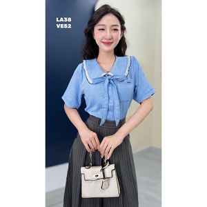 Camisa vaquera de manga corta para mujer al por mayor con cuello marinero en capas y lazo, top casual de oficina de color liso, fabricante ODM de Vietnam - Product Image 5