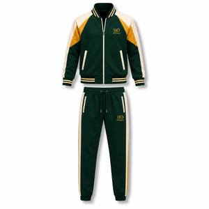 Survêtement unisexe vert crème jaune à blocs de couleur, manches longues, col rabattu, taille élastique, style sportif décontracté pour l'automne - Product Image 3