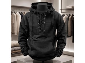Lace-Up Men's Henley Hoodie, <b>Retro</b>-Style Pullover <b>Sweatshirt</b>, Long-Sleeved Pullover Hooded Sweater - Product Image 3