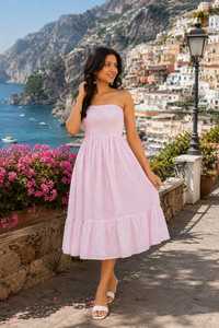 Women Light Pink Strapless Summer <b>Dress</b> Shoulder Smocked Midi Sundress Casual Beach <b>Ruffle</b> Holiday Striped Bohemian 100% Cotton - Product Image 5