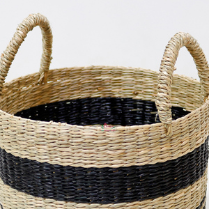 Panier à linge en jonc de mer fait main, ensemble de bacs de rangement tressés naturels avec poignées pour la décoration intérieure - Product Image 4