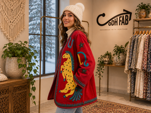 Red Sujani Jacket <b>Women</b> Horse Embroidery Handmade Bohemian <b>Coat</b> Ethnic Vintage Designer Outerwear Wholesale Clothing Supplier - Product Image 3