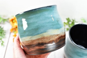 Handcrafted Ceramic Utensil Holder Reactive Glaze Coastal Blue Finish Kiln <b>Fired</b> Thick Wall Durable Kitchen Counter Organizer - Product Image 3