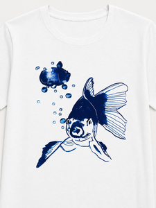 Women's White Cotton <b>T</b>-<b>Shirt</b> With screen printed Blue <b>Fish</b> Design Crew Neck Short Sleeve Casual Spring Summer Wear - Product Image 2