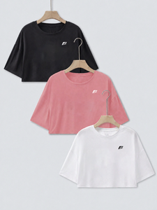 Women's Pink Color Cropped <b>T</b>-<b>Shirt</b> Short Sleeve Crew Neck Loose Fit Casual Solid Color Cotton Top Summer Wear women's <b>shirt</b> - Product Image 3