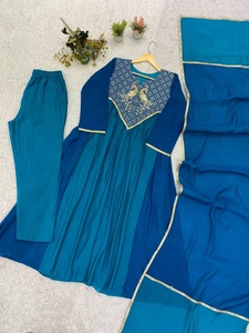 Traje Anarkali Azul Bordado en Chanderi con Manga Larga, Vestido Línea A, Estilo Clásico Indio, de Proveedor Indio - Product Image 4