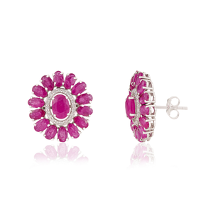 Los Productos Más Vendidos y Más Hermosos, Pendientes de Flor con Halo de Rubíes y Diamantes 100% Genuinos, Joyería de Oro Blanco Puro de 14K - Product Image 3