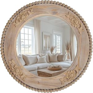 Vintage Round Wooden Wall <b>Mirror</b> <b>Hand</b> Carved Decorative Accent <b>Mirror</b> Rustic Farmhouse Home Decor - Product Image 1