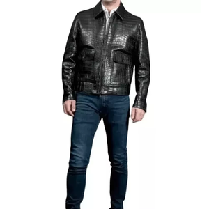 Veste en cuir gaufré croco pour homme, style motard, fermeture éclair sur le devant, col rabattu, coupe ajustée, pour l'automne - Product Image 2