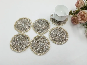 Handmade white and gold round <b>beaded</b> <b>coasters</b> - Set of 6 by whimsy art craft - Product Image 4
