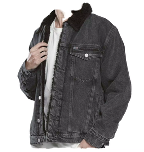 Men's Black Washed Denim Sherpa <b>Jacket</b> Vintage Fleece Lined <b>Trucker</b> Coat Button Front Winter Streetwear Wholesale Premium - Product Image 4
