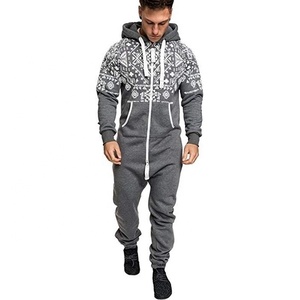 New Casual Men's Printed Romper With Front Zipper Sublimated Drawstring Hood Track Suit Zip Sleeping Wear <b>Knickers</b> Sweat Suit - Product Image 1