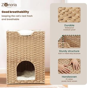 Triple-Layer Indoor Cats - Hand-Woven Rattan Cat Cave with 2 Hideaways & 3 Soft Pads - <b>Foldable</b> & Sturdy condo furniture. - Product Image 5