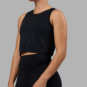 Women's Black <b>Cropped</b> Tank <b>Top</b> O-Neck Minimalist Solid Knitted Breathable Spandex Polyester Sportwear - Product Image 4