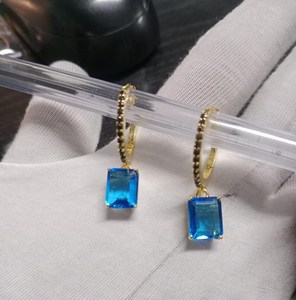 Natural Blue Topaz Emerald Cut Drop Hoop Earrings 925 Sterling <b>Silver</b> 14K Gold Plated Dainty <b>Huggie</b> Wedding Jewelry - Product Image 5