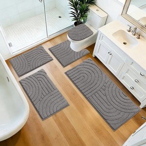 Modern Abstract Chenille Bath <b>Mat</b> <b>Set</b> 4 Piece Rectangle Non-Slip Rubber Backing for Home <b>Bathroom</b> - Product Image 2