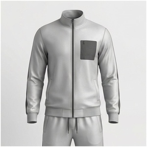 Ensemble de survêtement gris pour homme, manches longues, col montant, fermeture éclair sur le devant, couleur unie, respirant, décontracté, pour l'automne, coupe classique - Product Image 1