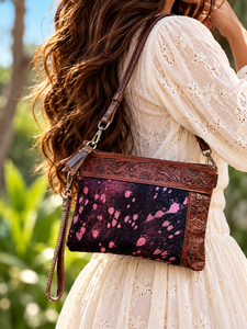 Western Patterned Leather Cowhide Metallic Handbag Carving Hand Tooled Leather Handmade Tassel <b>Boho</b> Sling <b>Bag</b> for Women - Product Image 1