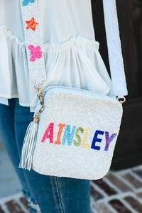 Bolso de hombro cuadrado de tela blanca con cremallera para mujer, personalizable, con cuentas de semillas y mariposas, tipo bandolera, con correa ancha extraíble - Product Image 6