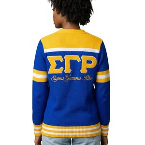 Suéter Cárdigan Sigma Gamma Rho SGRho, Sororidad Griega, Azul Dorado 1922, Tejido Varsity, Ropa Griega para Mujer - Product Image 3