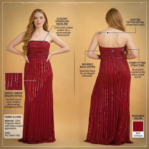 Vestido de Noche Moderno para Mujer, Estilo Tubo, Sin Tirantes, con Lentejuelas Rojas |   Cremallera trasera sin mangas |   Vestido Largo de Lujo para Eventos Formales, Bodas y Cócteles - Product Image 5